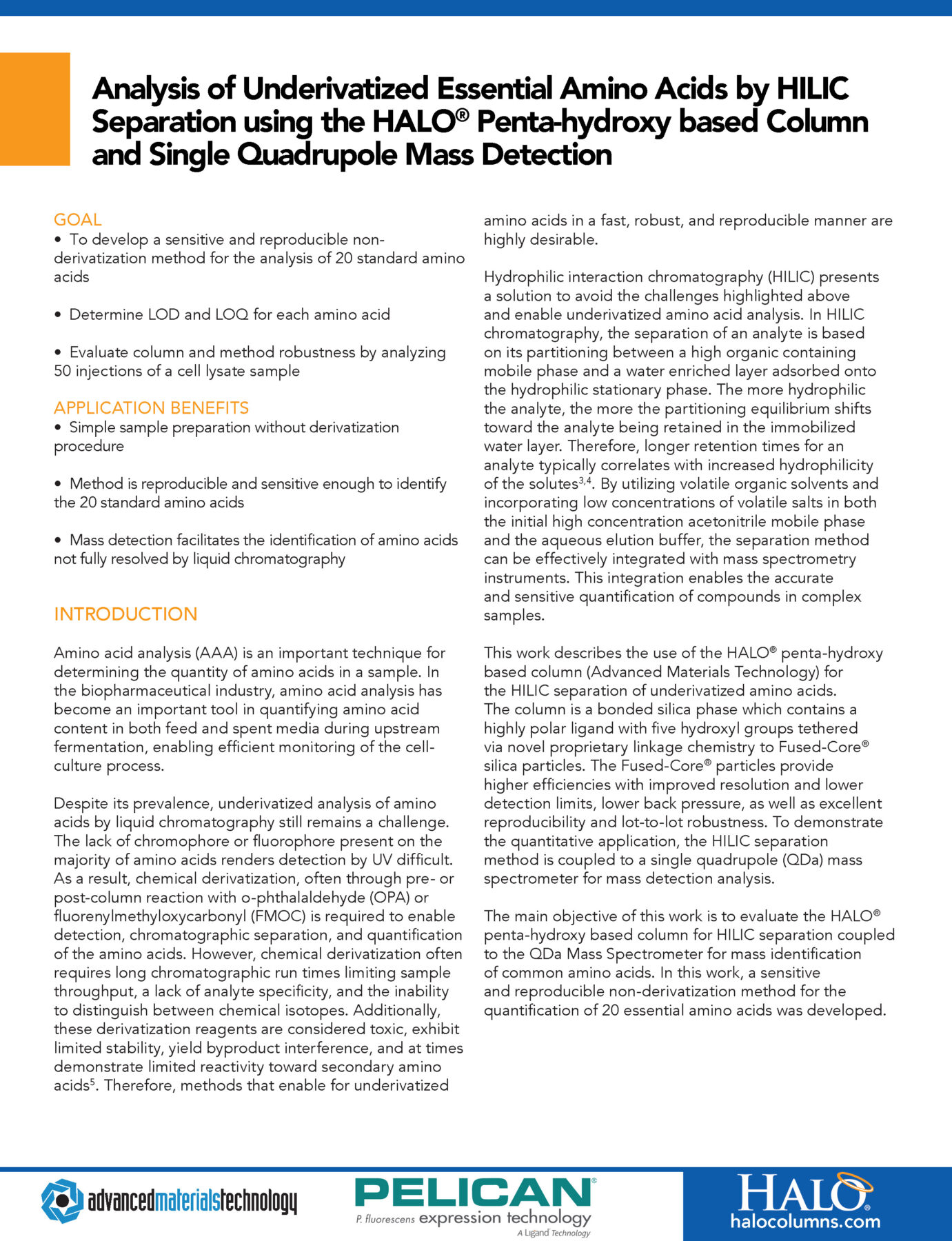 Analysis of Underivatized Essential Amino Acids by HILIC Separation using the HALO® Penta-hydroxy based Column and Single Quadrupole Mass Detection